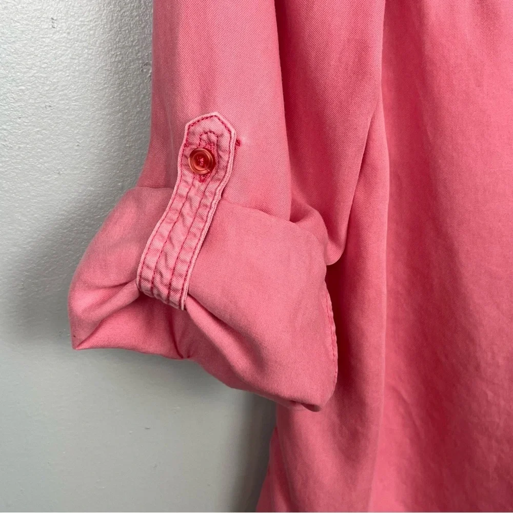 Chico’s pink 100% Lyocell fringed trim button front roll tab shirt, size 8. - Picture 8 of 11